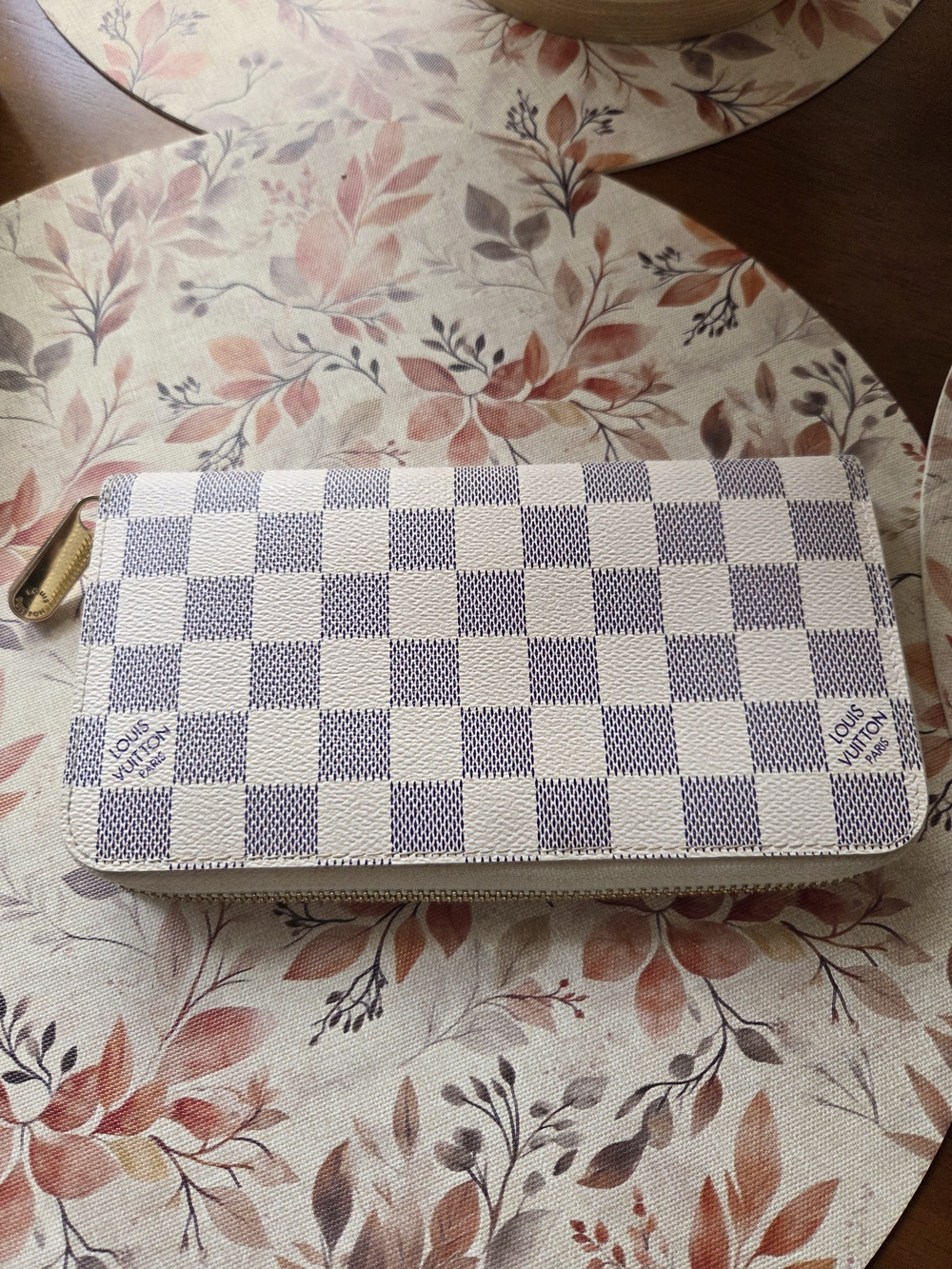 Louis Vuitton White and Blue Checkered Zip Wallet Damier Azur
